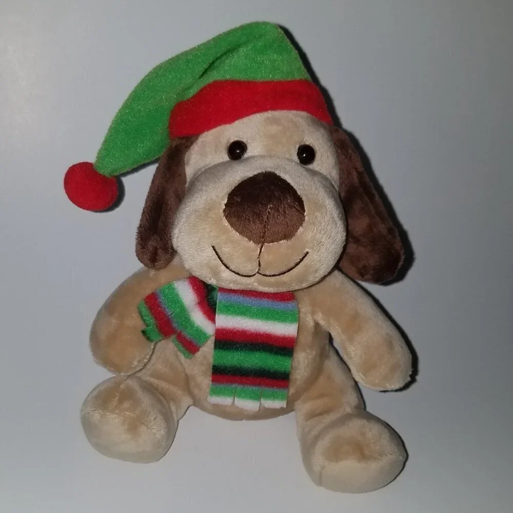 2 Caltoy Christmas Plush Lot Puppy Dog Teddy Bear Stuffed Toys Scarf Santa Hat